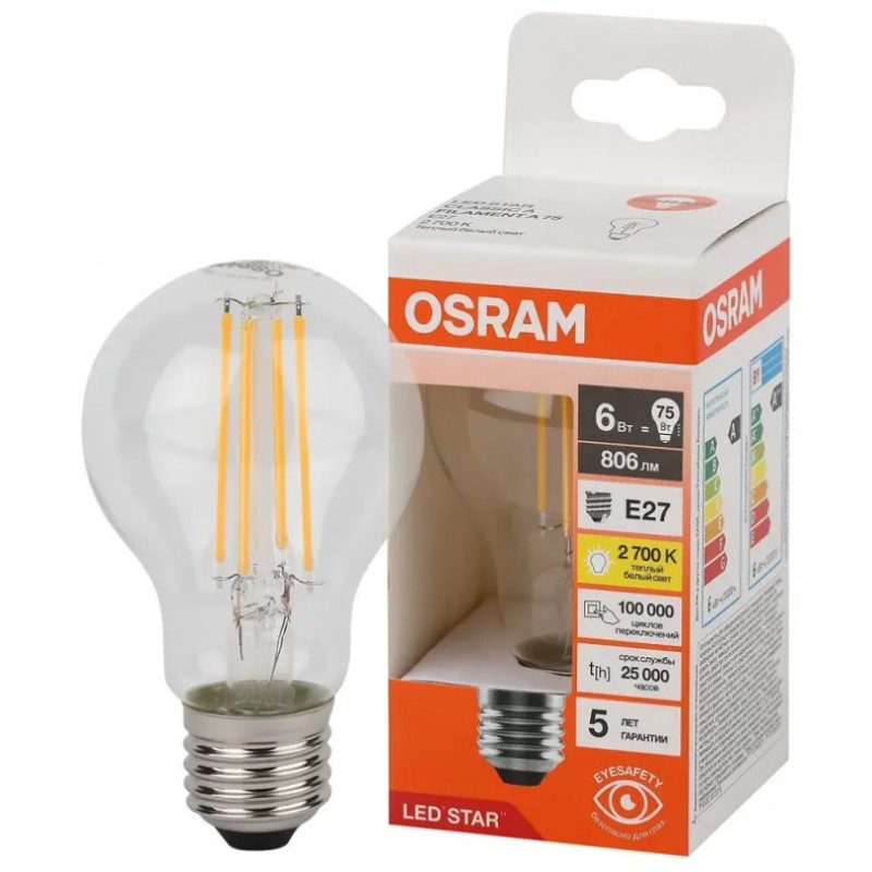 LS CLA75 6W/827 230V FIL CL E27 OSRAM светодиодная лампа фото 1
