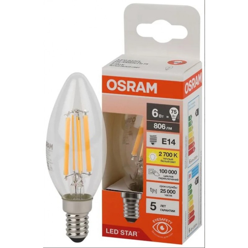 LS CLB75 6W/827 230V FIL CL E14 OSRAM светодиодная лампа фото 1