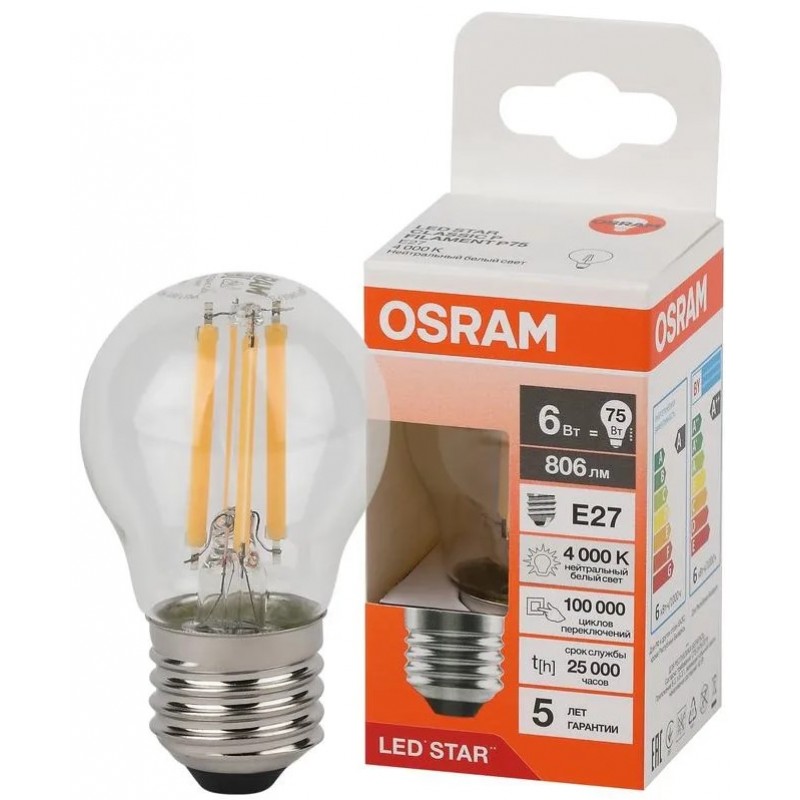 LS CLP75 6W/840 230V FIL CL E27 OSRAM светодиодная лампа фото 1