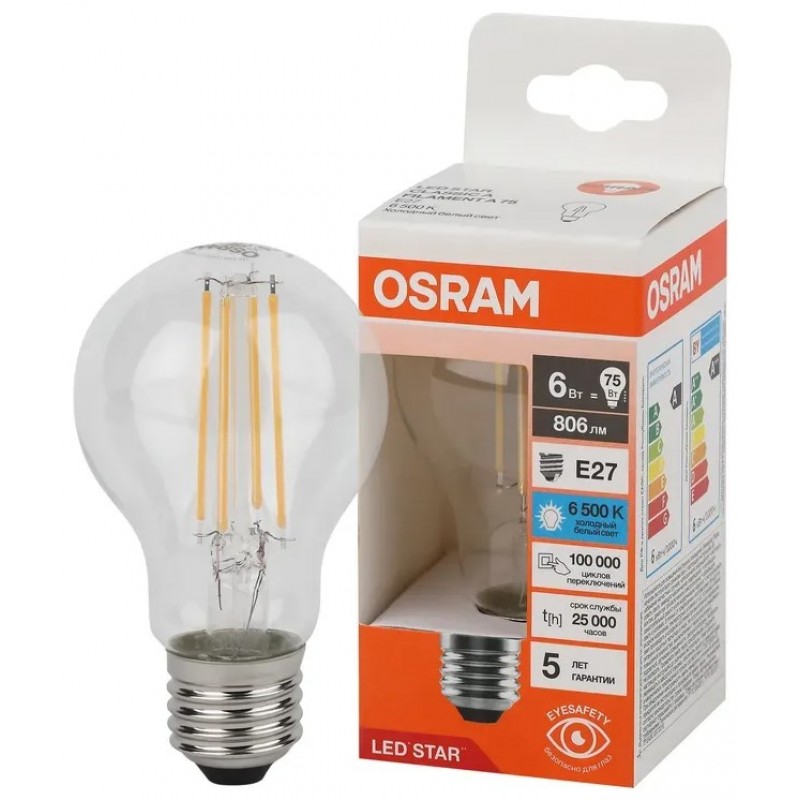LS CLA75 6W/865 230V FIL CL E27 OSRAM светодиодная лампа фото 1