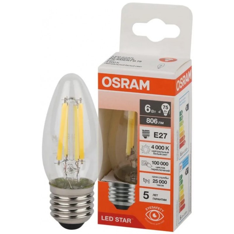 LS CLB75 6W/840 230V FIL CL E27 OSRAM светодиодная лампа фото 1