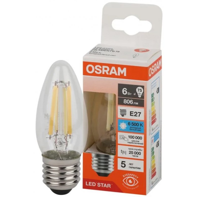 LS CLB75 6W/865 230V FIL CL E27 OSRAM светодиодная лампа фото 1